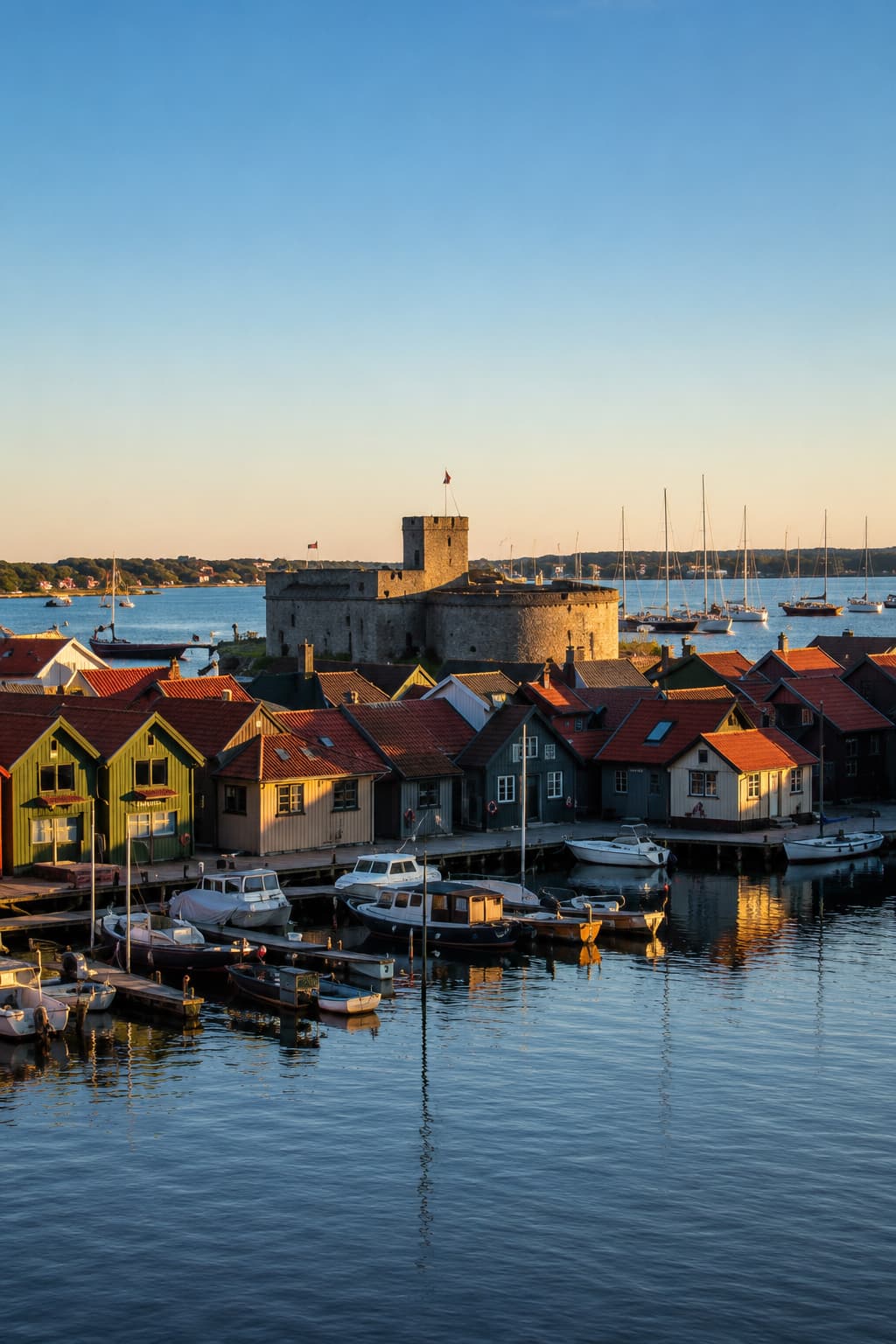 Colourful wooden boathouses and a medieval fortress on an archipelago island