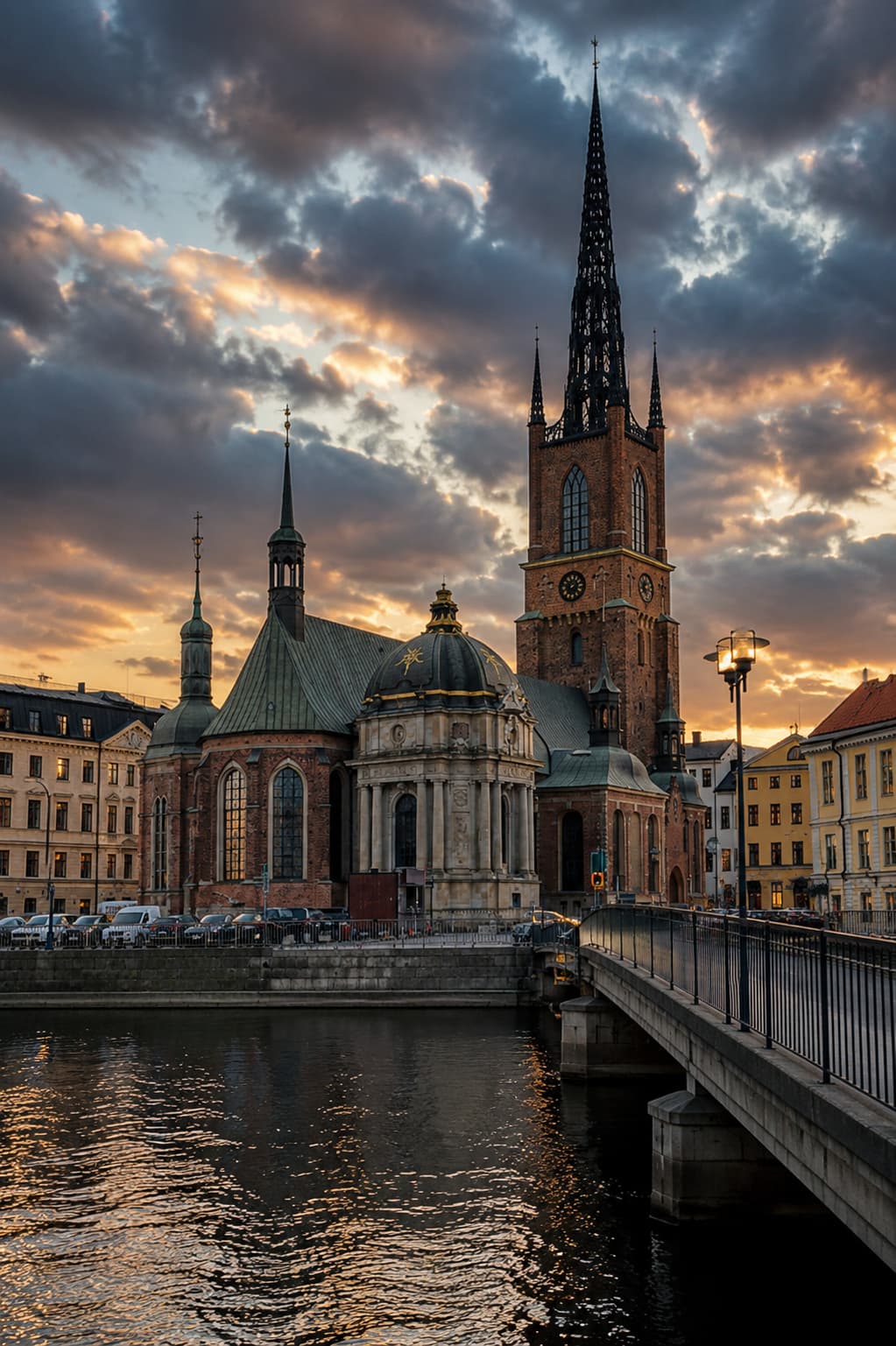 Riddarholmen Church spire and bridge at sunset in Stockholm