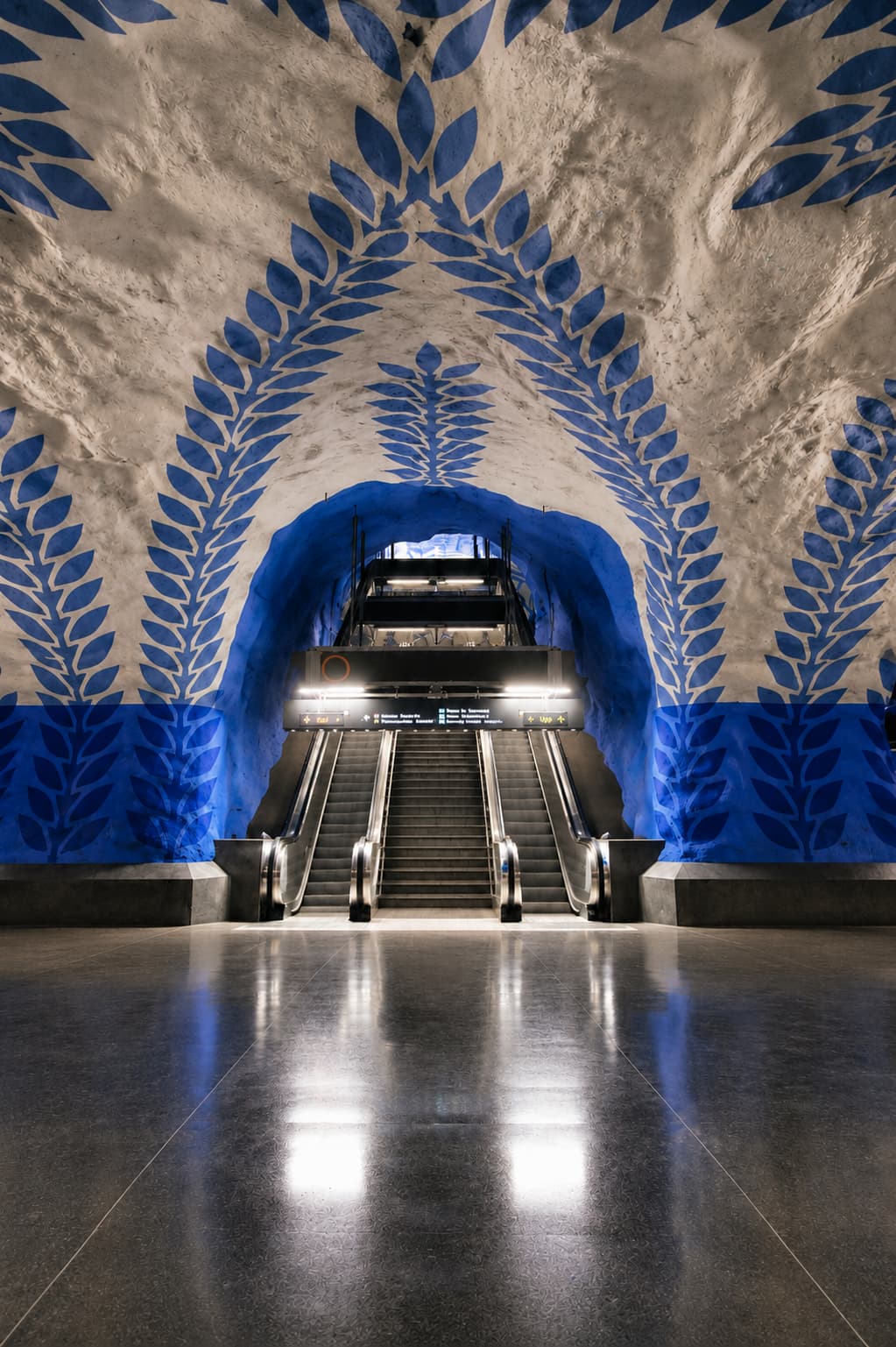 T-Centralen metro station Stockholm — blue vaulted ceiling on the Tunnelbana art trail