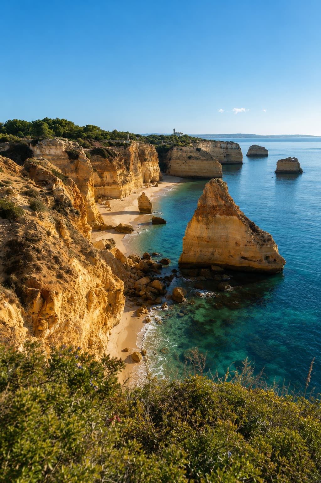 Clifftop view of Praia da Marinha on the central Algarve coast, Portugal, showing layered golden limestone sea stacks rising from deep blue Atlantic water beneath a clear sky