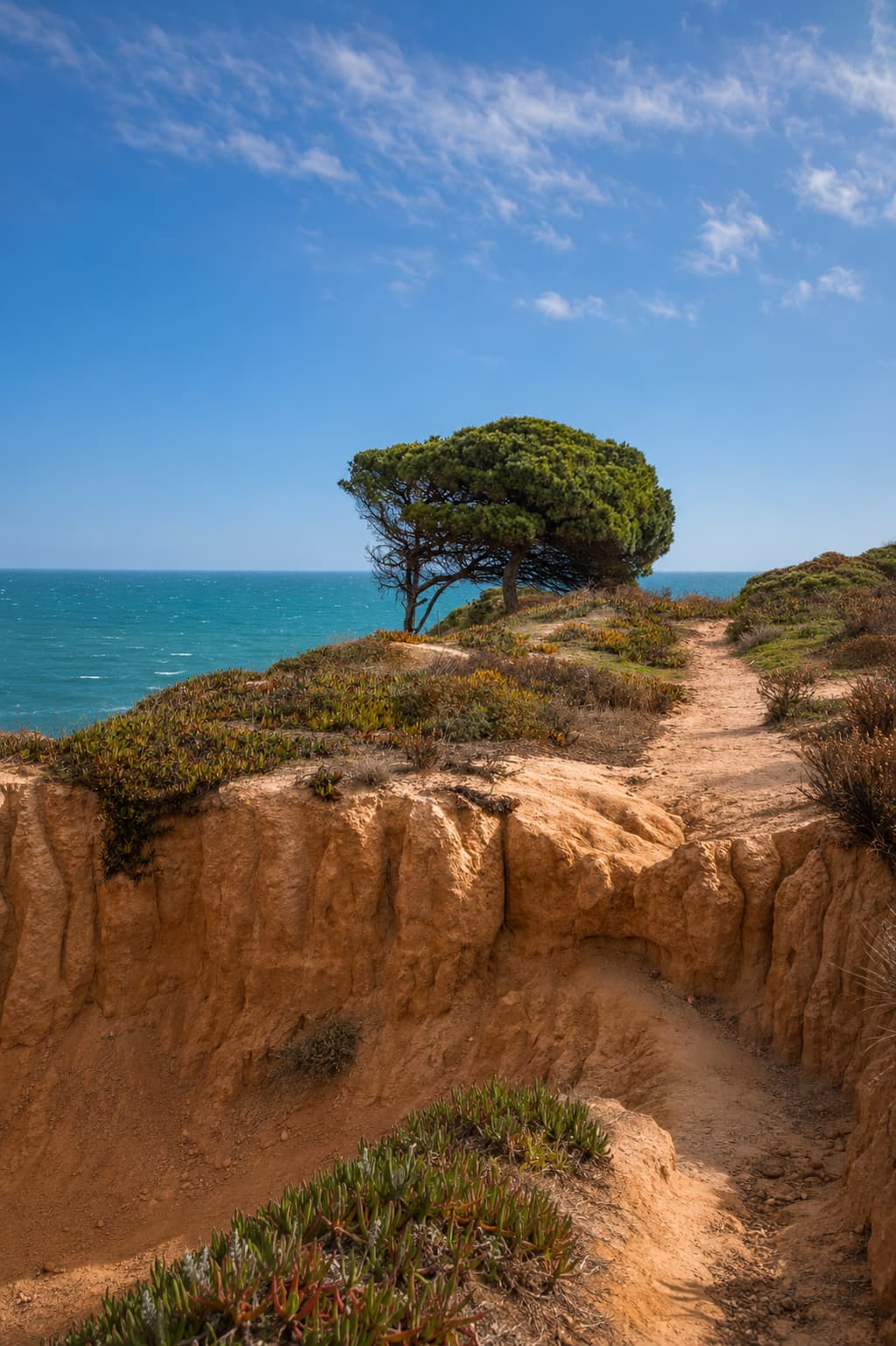 Sandy clifftop trail path on the Algarve coast leading toward a lone umbrella pine tree at the cliff edge, with turquoise Atlantic Ocean visible beyond under a blue sky
