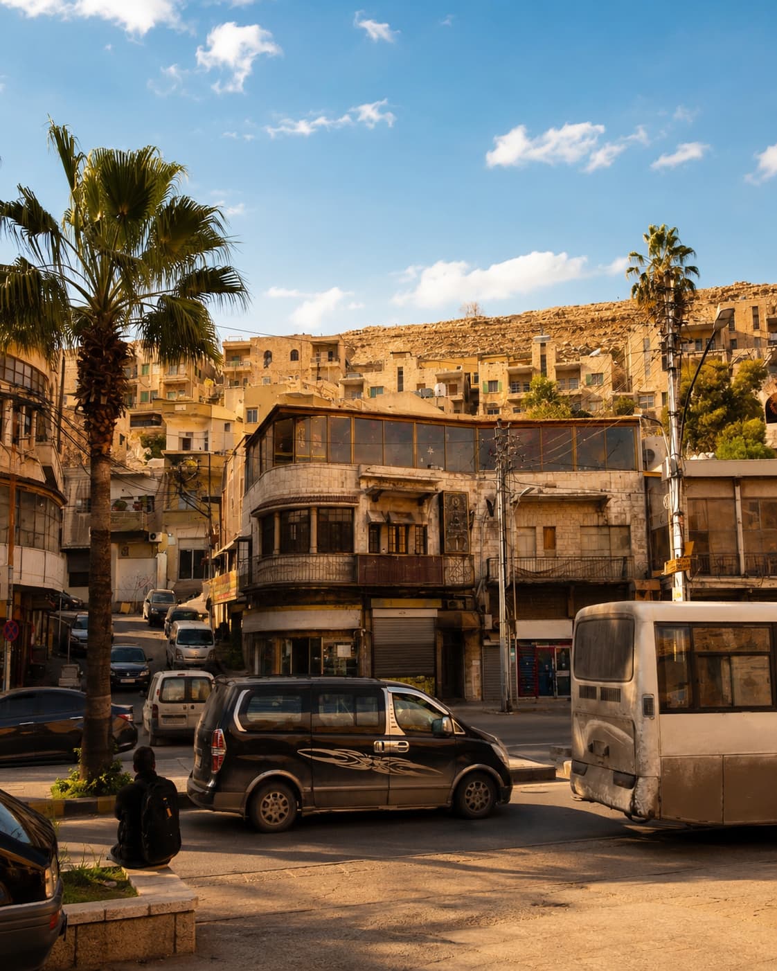 A steep downtown street in Al-Balad, one of the best areas for things to do in Amman, with stacked pale stone buildings climbing the hill under golden light