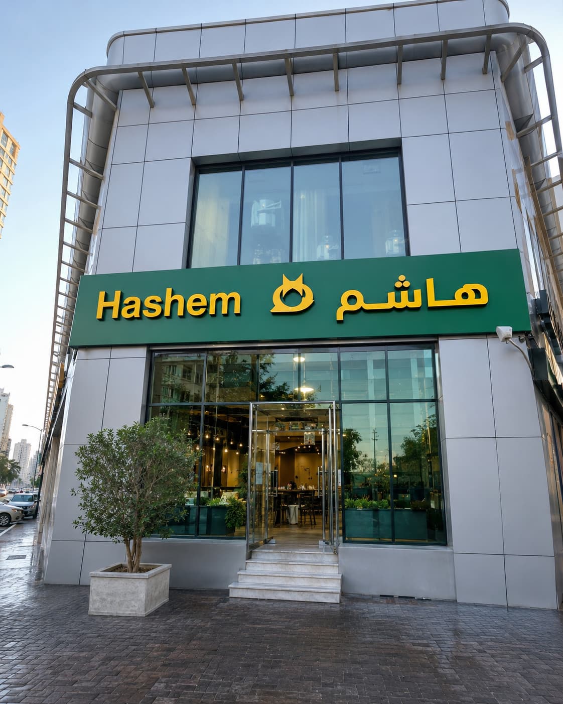The green-and-yellow Hashem storefront in Amman, the city's most famous falafel and hummus institution, at dusk