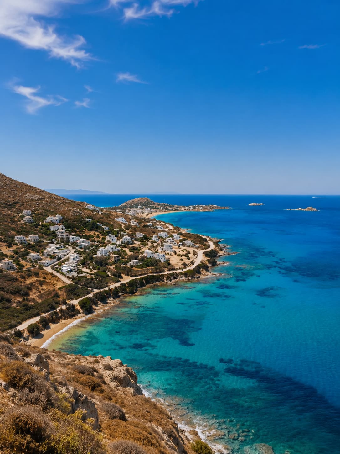 A quiet Cycladic coastline on Naxos with clear turquoise water, scattered white houses and no crowds under bright blue sky