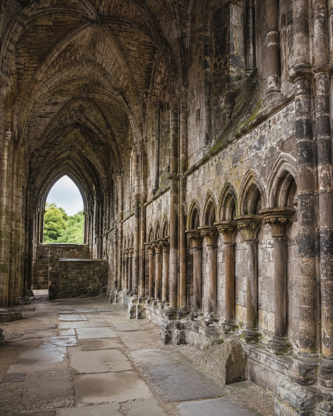 Gothic stone arches inside a Scottish ruin light through a pointed arch