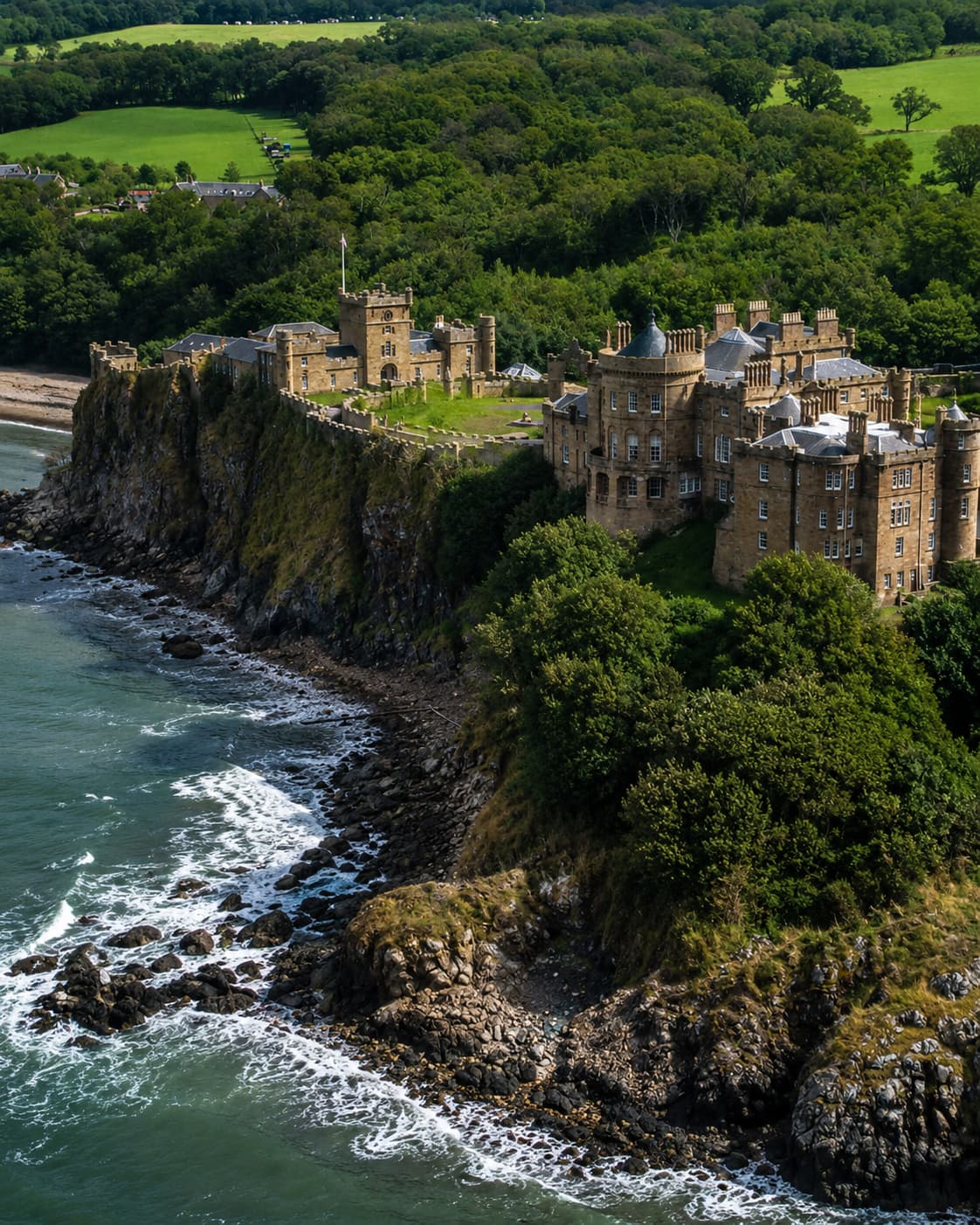 Culzean Castle aerial on Ayrshire cliffs above the Firth of Clyde — best castles in Scotland for architecture