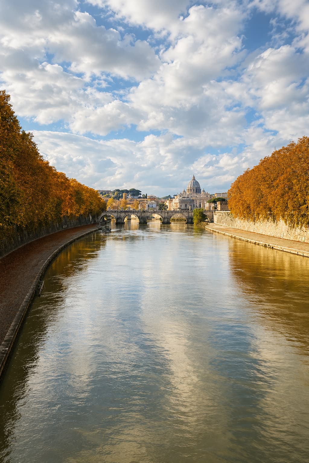 Tiber River Rome in autumn with St Peter's dome in the background, best European cities in October