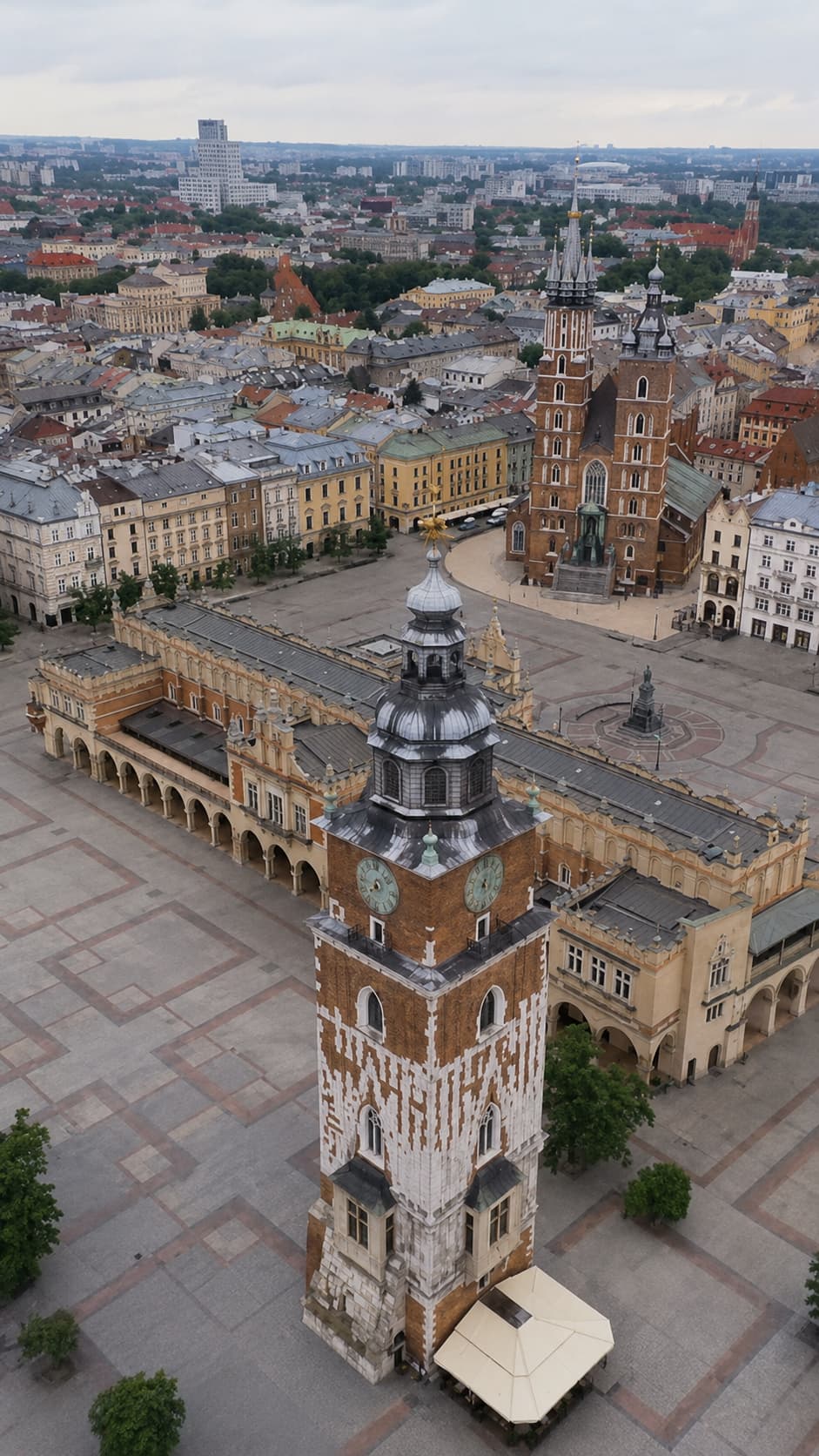 Kraków Main Market Square aerial view with Town Hall Tower in summer