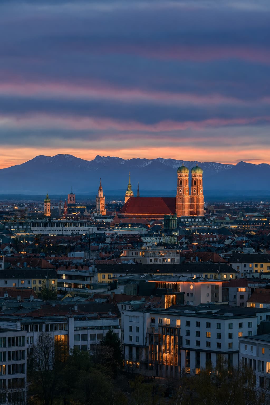 Munich skyline at dusk with Frauenkirche towers and snow-capped Alps in the background