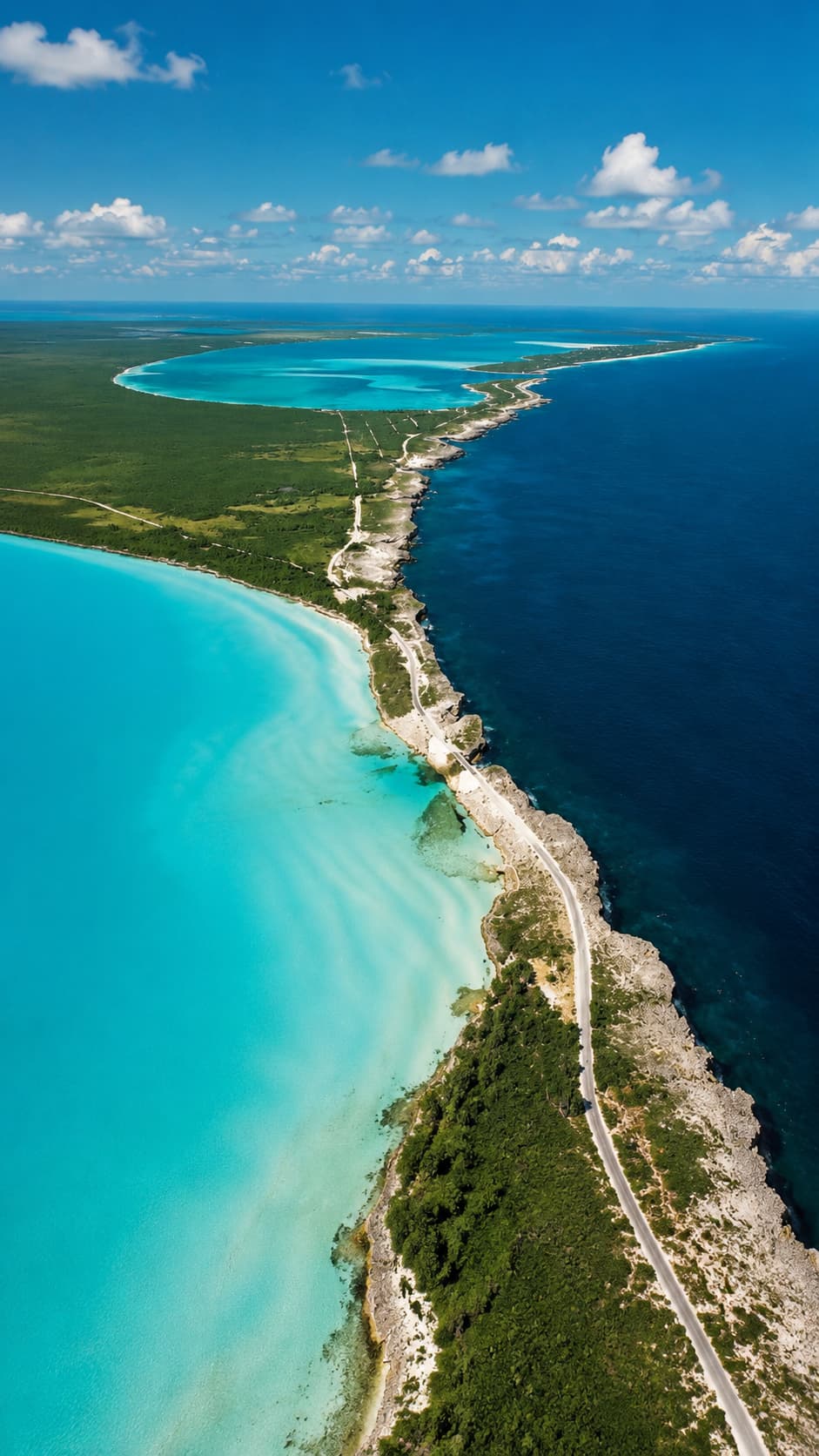 Aerial view of a Caribbean island coastline with turquoise shallows on one side and deep blue open water on the other