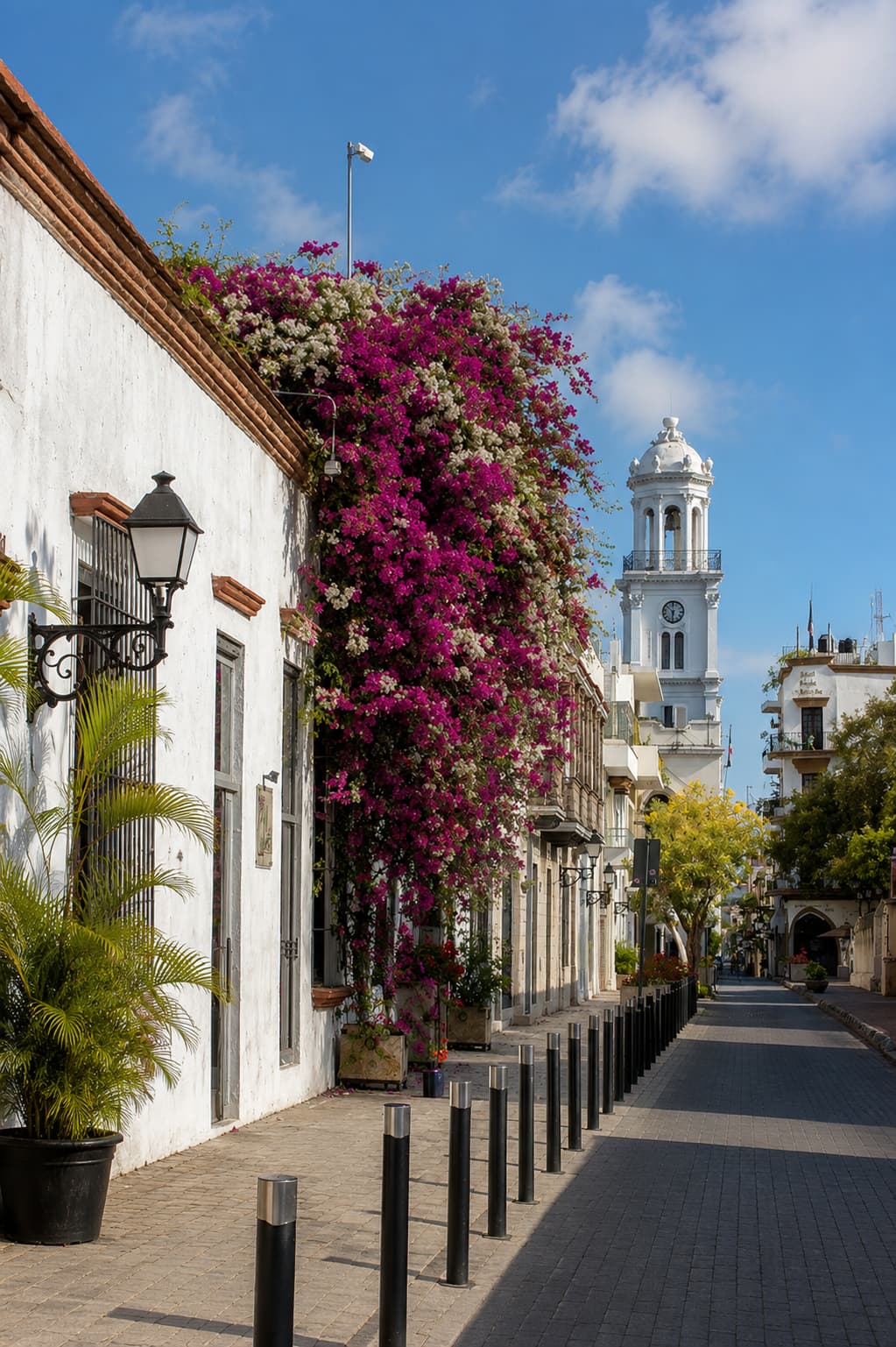 A quiet colonial street with bougainvillea in Santo Domingo, Dominican Republic — the cheapest of the best Caribbean islands to visit