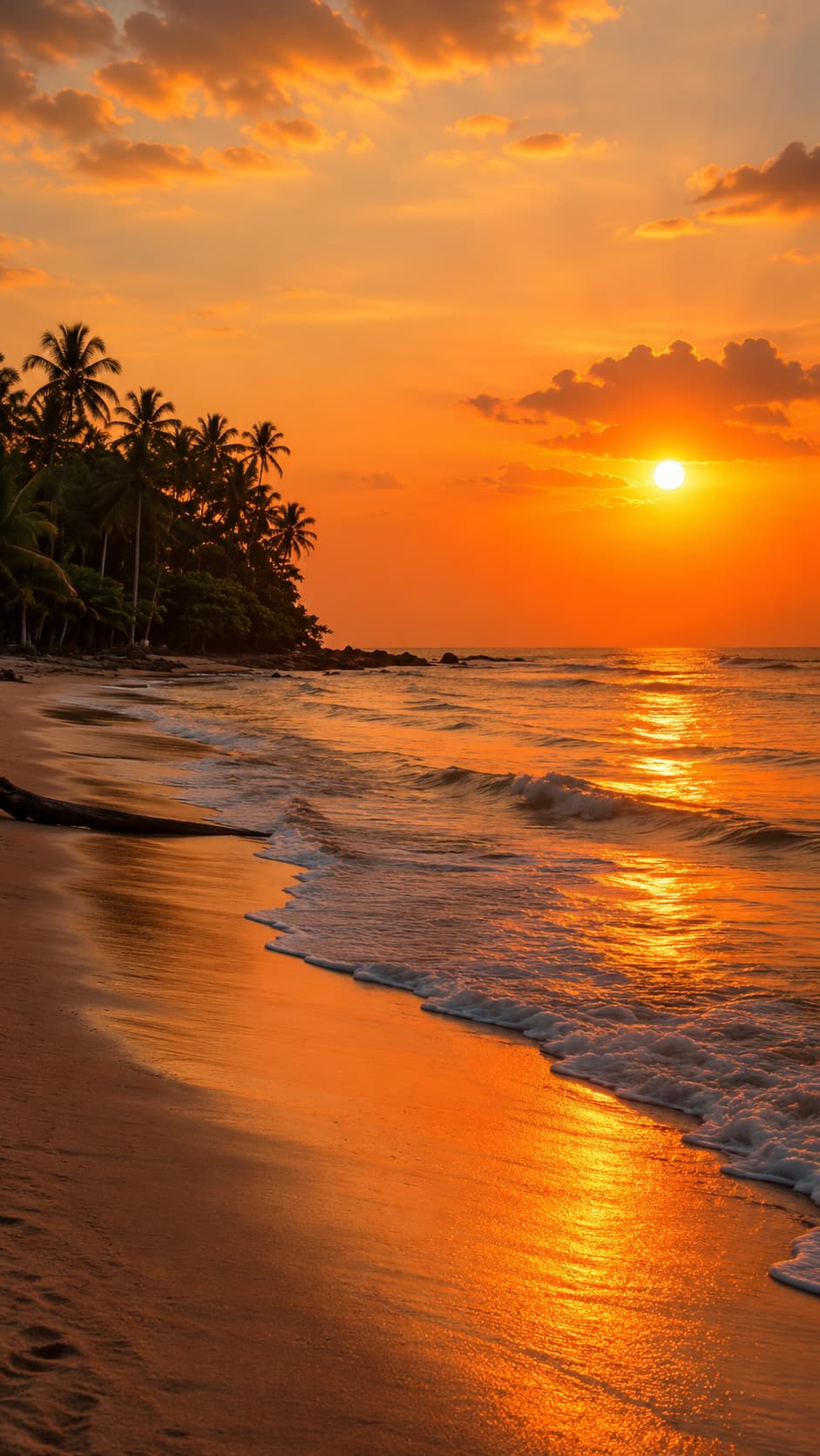 Sunset over a quiet tropical beach with palm trees and gentle surf, closing image for the Caribbean islands guide