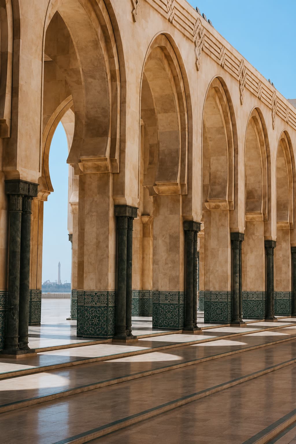 Arched colonnade of the Hassan II Mosque in Casablanca with green marble columns and zellige tilework catching the sun
