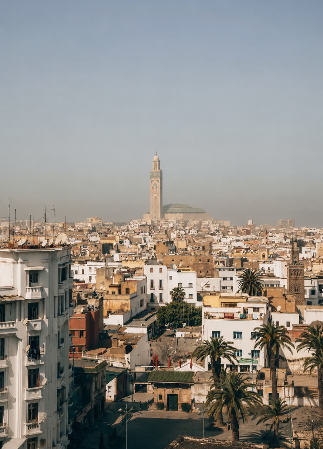 View over Casablanca rooftops and palm trees with the Hassan II Mosque minaret rising above the city haze