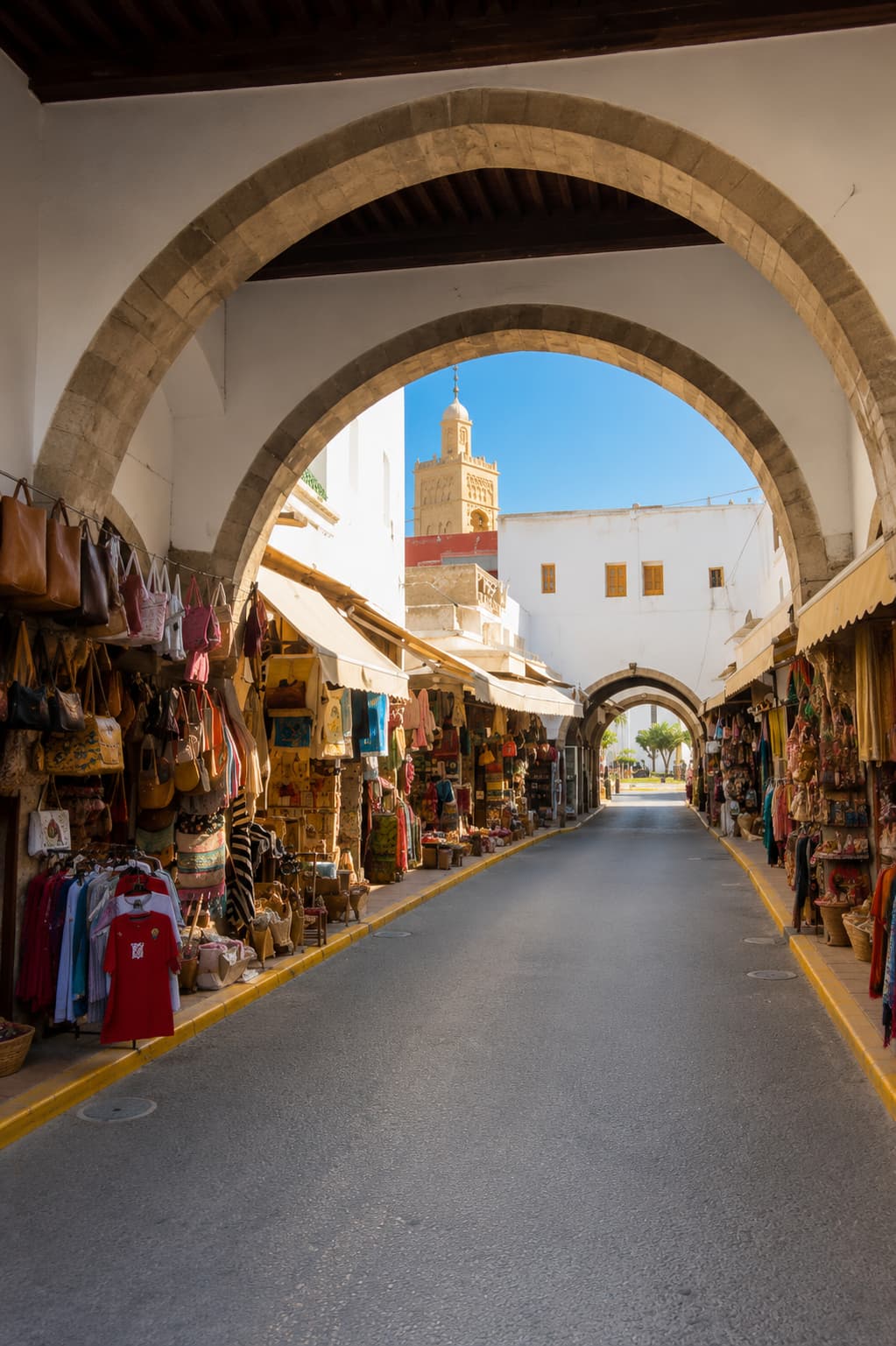 Arcaded shopping street in Casablanca's old medina with leather bags and clothing stalls and a minaret framed by the arches