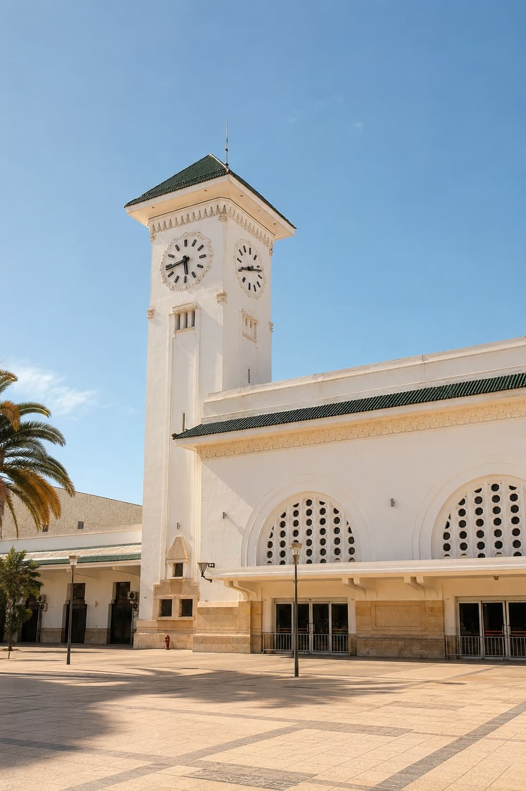 White Mauresque railway station building in Casablanca with an ornate clock tower and green-tiled roof under a blue sky
