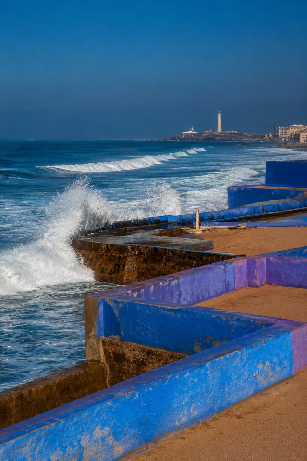 Waves breaking over blue-painted seawater pools along Casablanca's Corniche with the El Hank lighthouse in the distance
