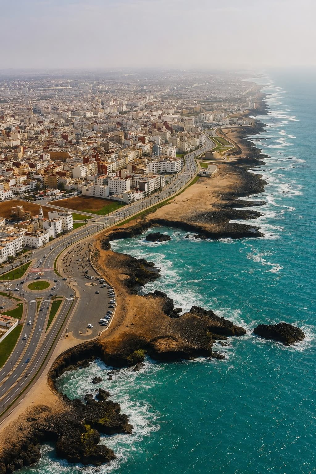 Aerial view of Casablanca's Atlantic coastline where the city meets the rocky shore and turquoise surf