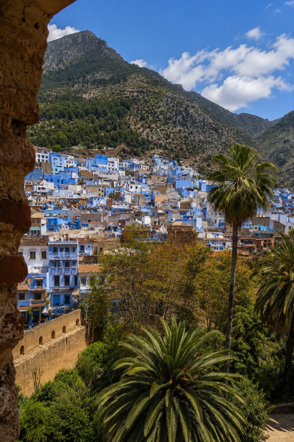 Chefchaouen's blue medina seen from the Kasbah tower, with the Rif Mountains rising behind the blue-and-white rooftops