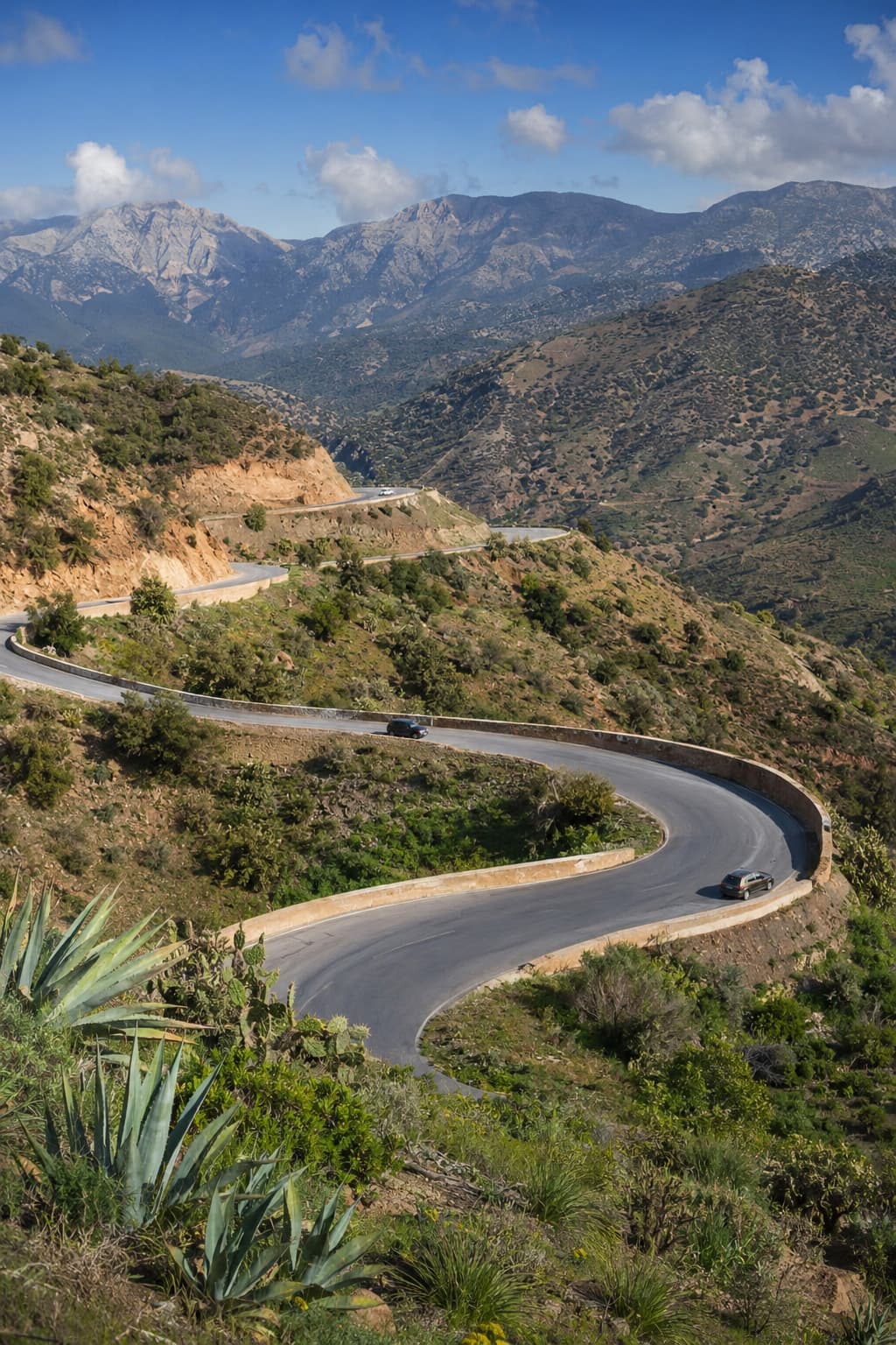 A winding mountain road cutting through the green Rif Mountains on the approach to Chefchaouen