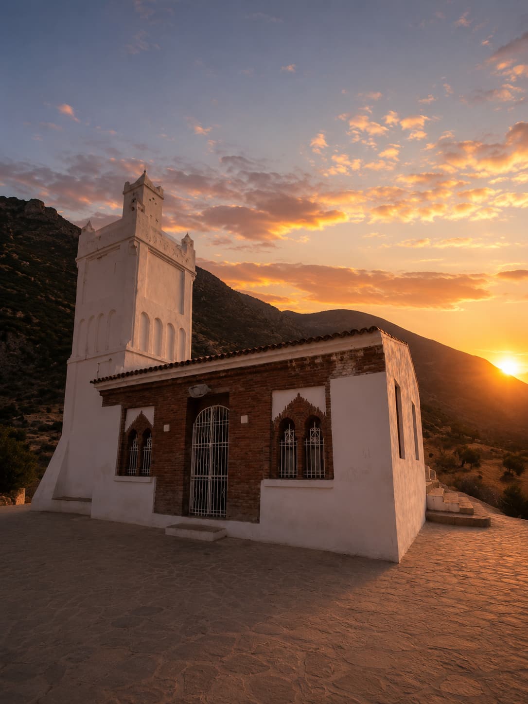 The Spanish Mosque above Chefchaouen at sunset, with golden light behind the Rif Mountains