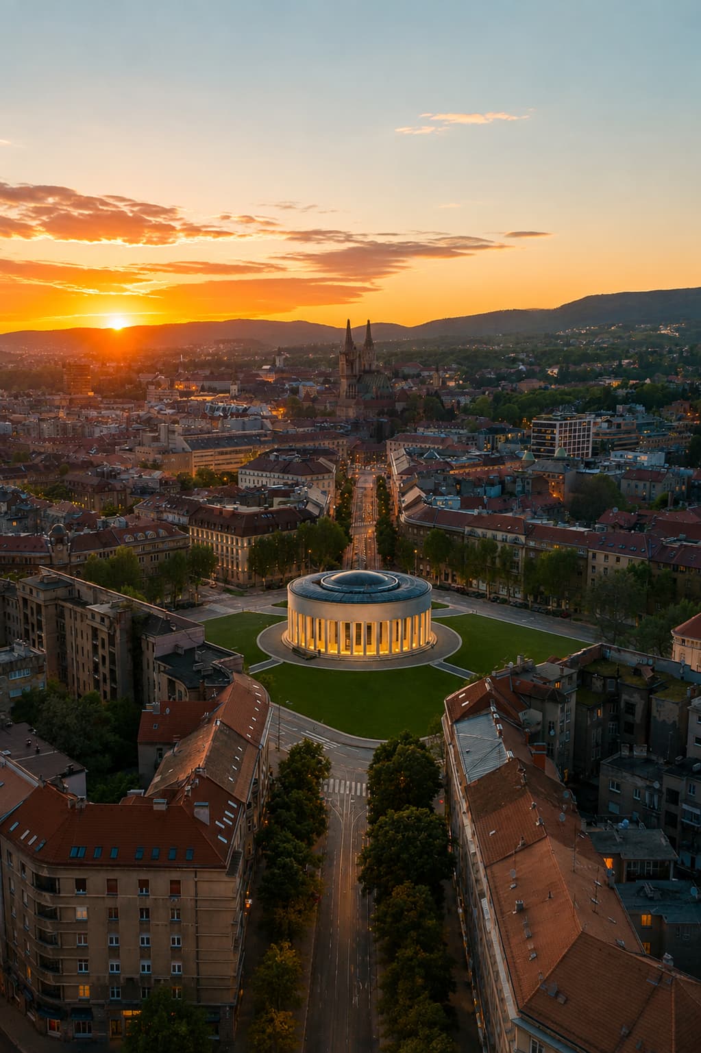 Aerial view of Zagreb at sunset, Croatia, showing the illuminated Museum of Contemporary Art rotunda and cathedral spires rising over terracotta rooftops — eastern europe travel in Central Europe