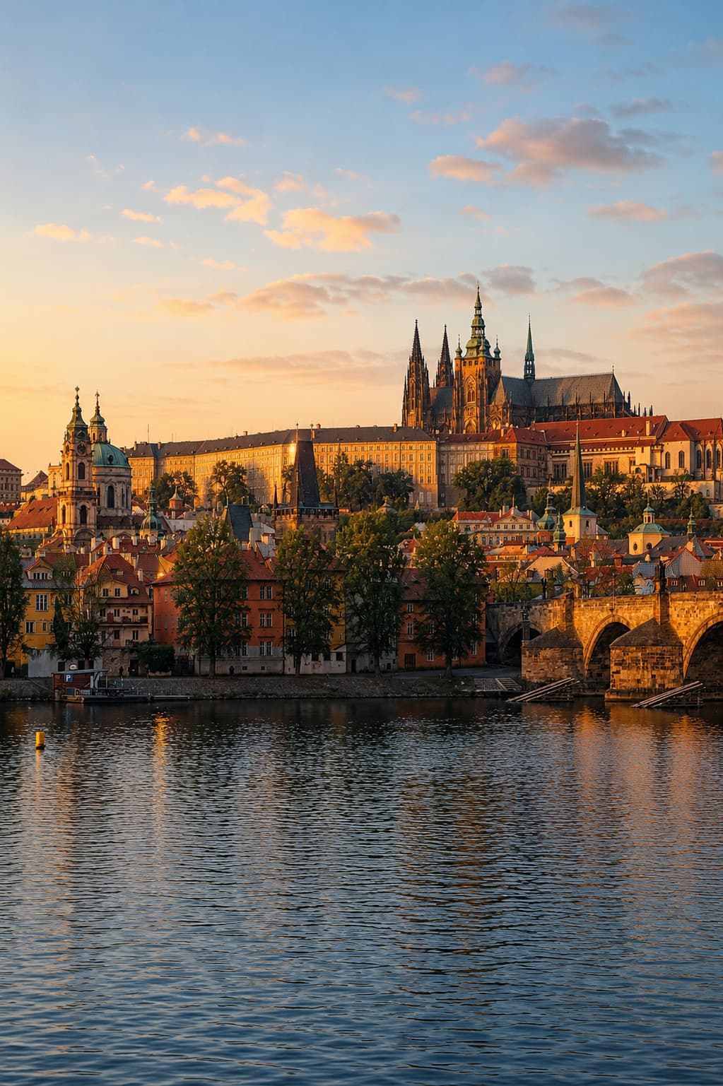 Prague Castle and Charles Bridge reflected in the Vltava river at golden hour — eastern europe travel in the Czech Republic