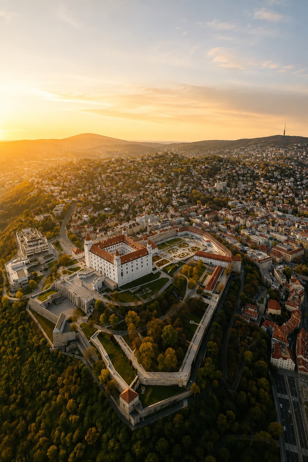 Aerial view of Bratislava Castle at golden hour, Slovakia, with the city and forested hills spreading out below