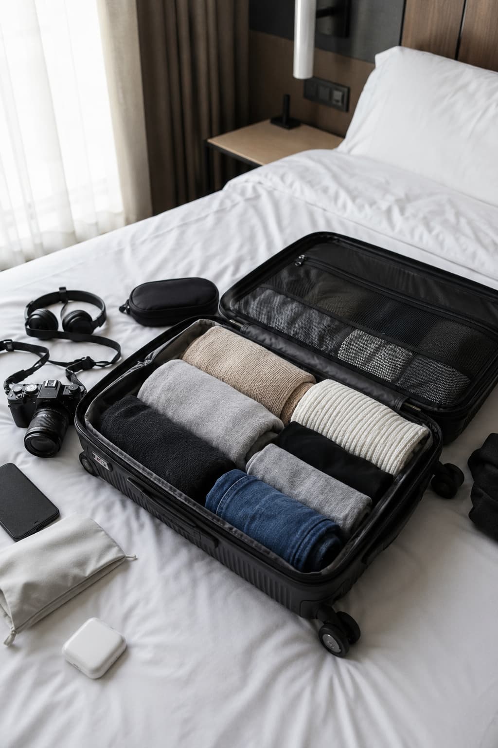 packing list for europe clothing rolled in packing cubes inside open carry-on