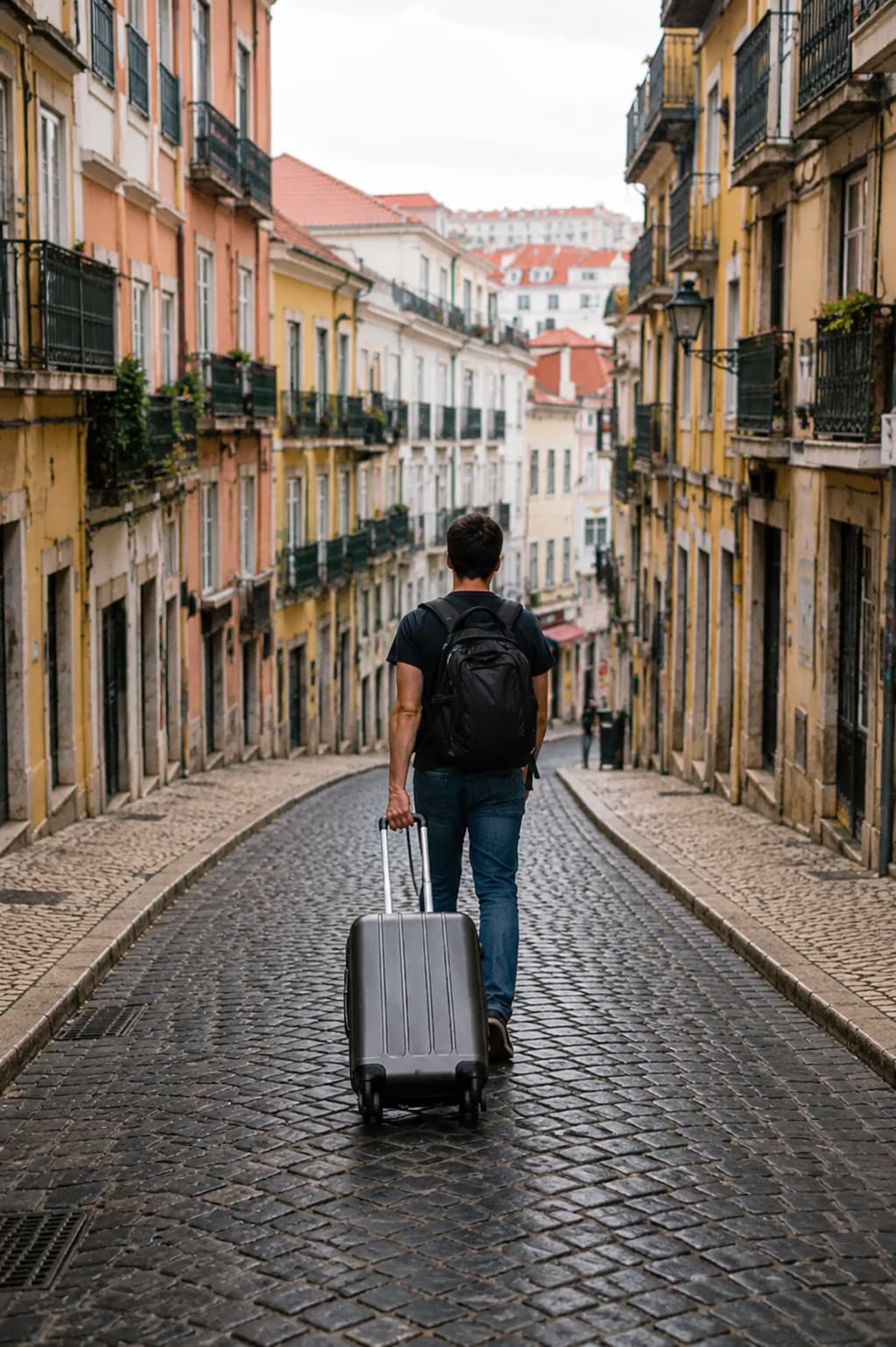 solo traveler with light carry-on backpack walking through europe packing light for a europe trip
