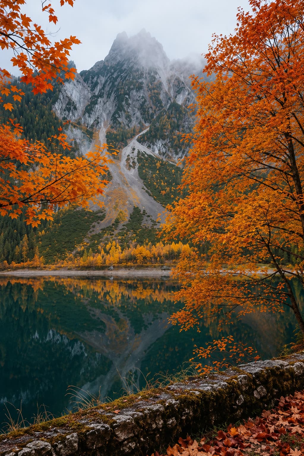 Austrian alpine lake reflecting orange and red autumn trees framing a rocky mountain peak disappearing into mist, fall foliage colour at its peak