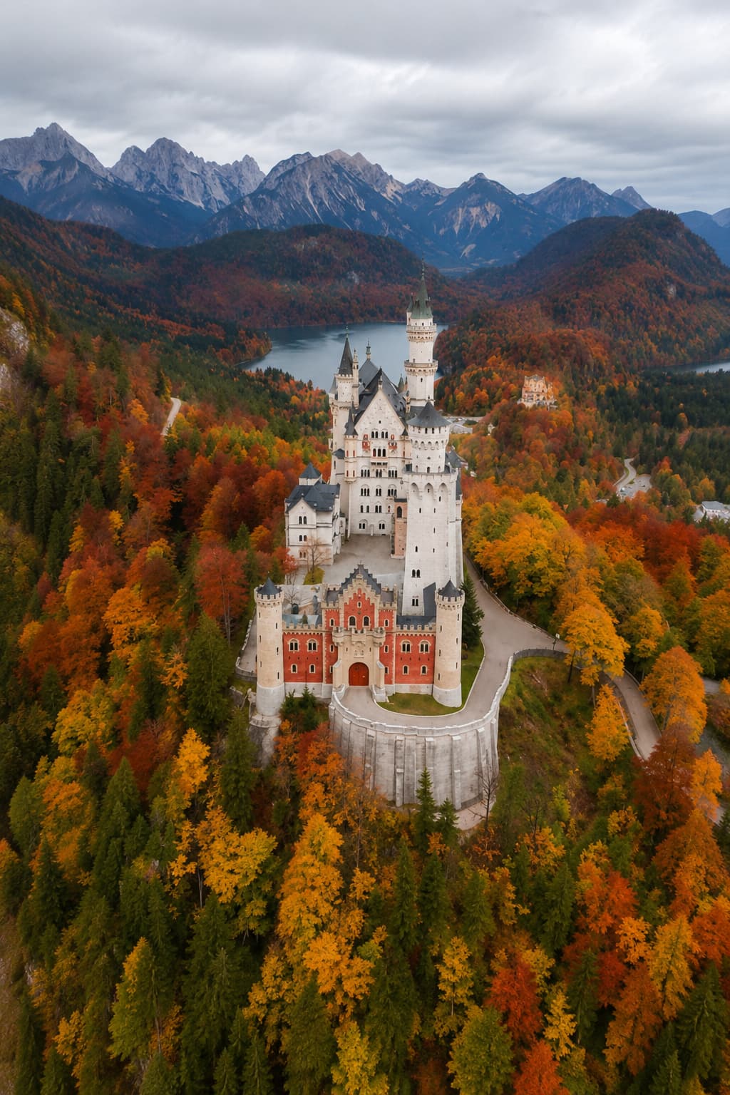 Aerial view of Neuschwanstein Castle surrounded by red and orange fall foliage in Germany, Alpine lake and mountain range visible in the background
