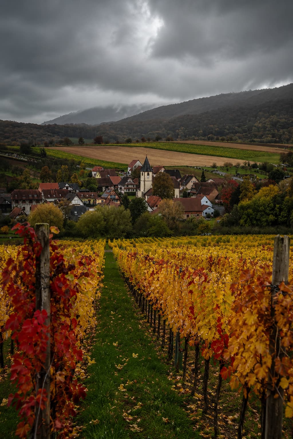 Alsace vineyard rows in autumn with yellow and red vine leaves, half-timbered Alsatian village and Vosges hills in the background under a dramatic storm sky