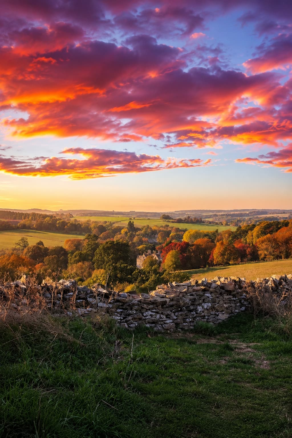 Cotswolds countryside at sunset with autumn foliage in red and orange below a dramatic orange and purple sky, dry stone wall in the foreground and a manor house visible among the trees