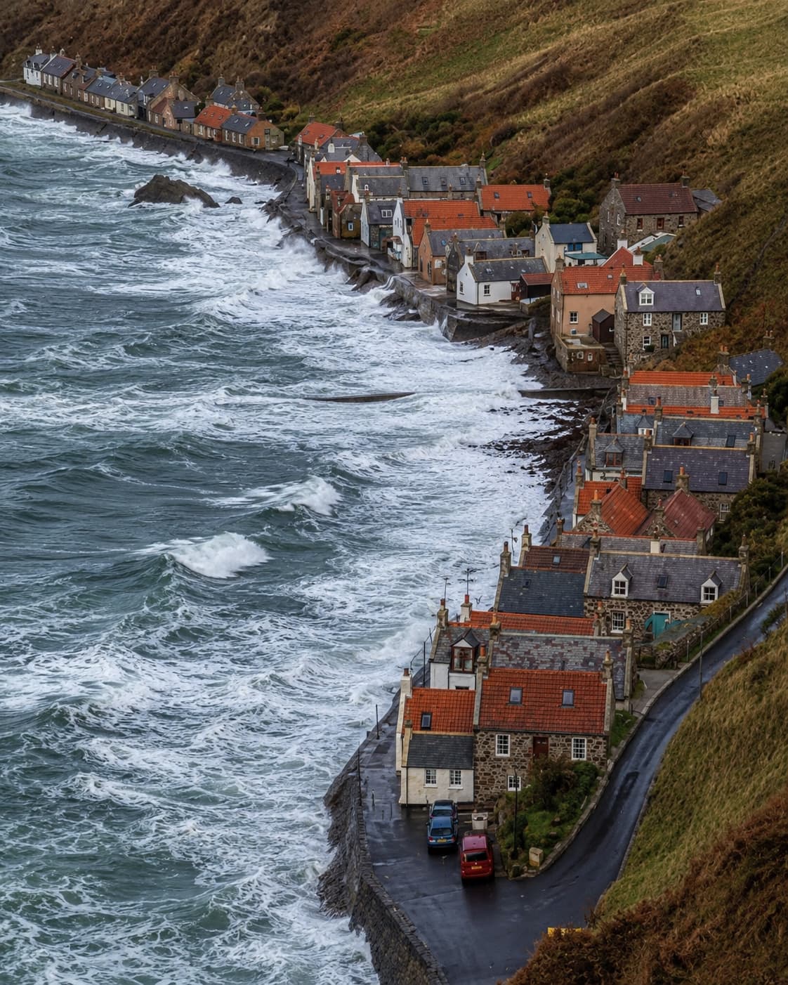 Crovie village Aberdeenshire Scotland — single row of stone cottages pressed between cliff and North Sea, waves crashing, aerial view showing the narrow lane with no through-road