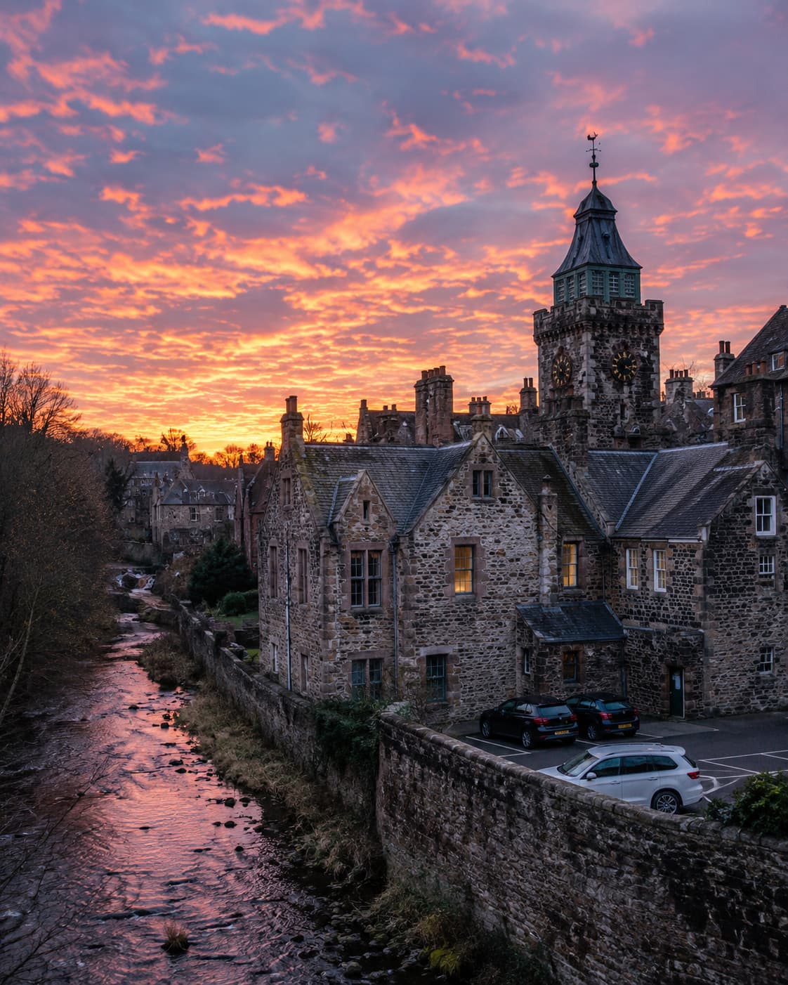 Dean Village Edinburgh Scotland at sunset — stone buildings along a river, dramatic orange and pink sky, one of the most beautiful historic villages near Edinburgh