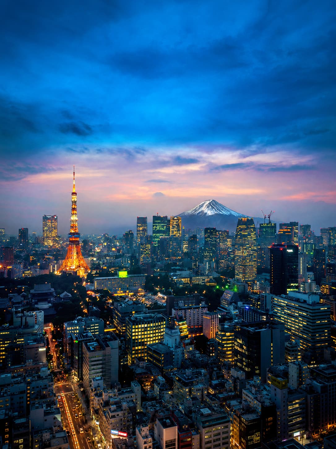 Tokyo skyline at dusk with Tokyo Tower illuminated and Mount Fuji visible in the distance — the view that waits at the end of a solo trip to Japan