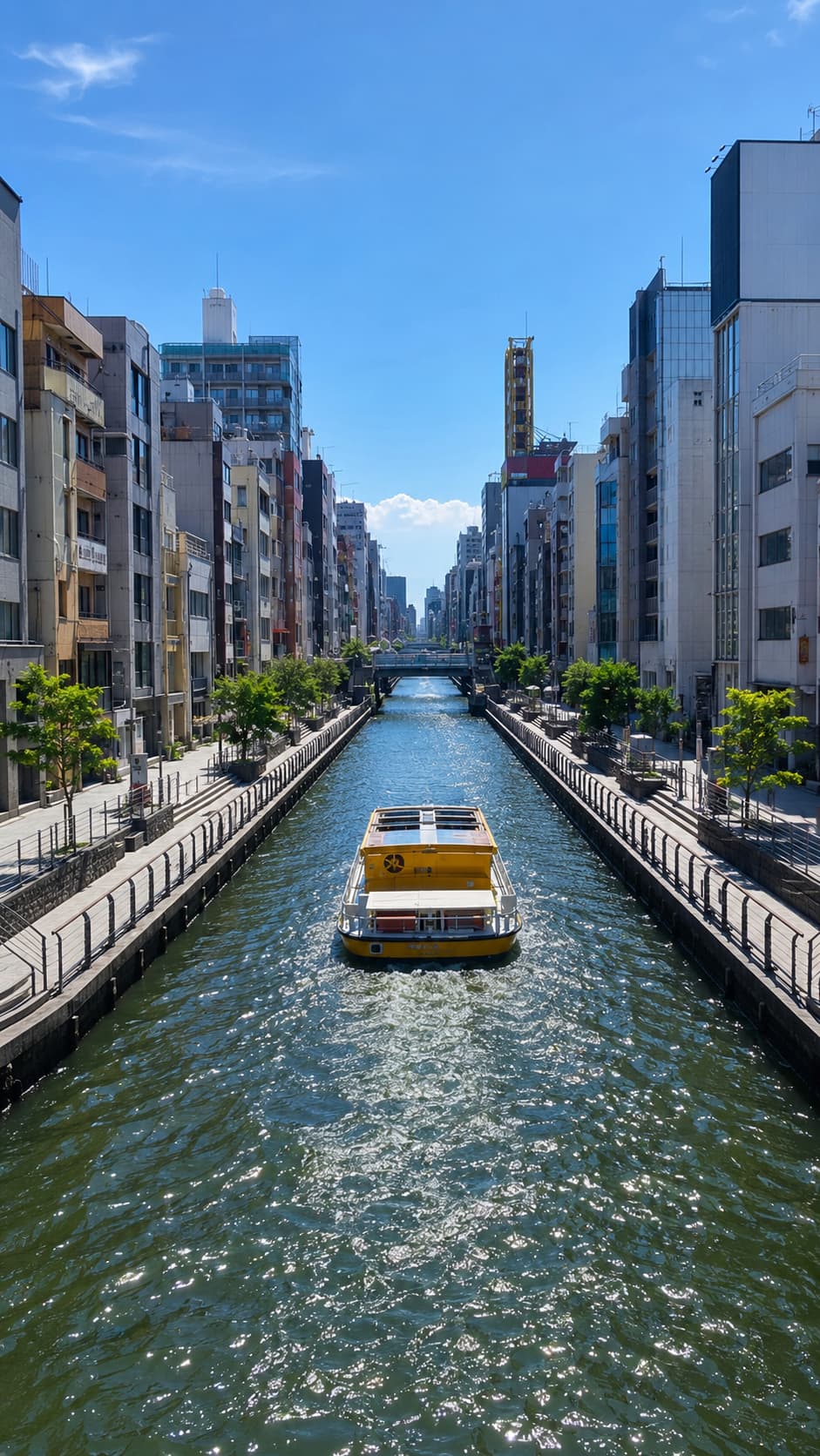 japan solo travel - Osaka canal on a sunny day with a yellow water bus cutting through the waterway, flanked by city buildings and riverside greenery