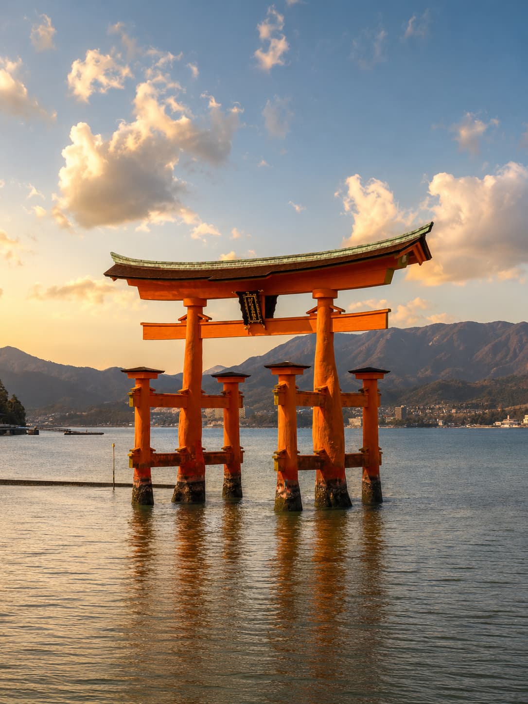 japan solo travel - Itsukushima floating torii gate at Miyajima Island at high tide — the iconic red gate rising from calm water at golden hour with mountains behind