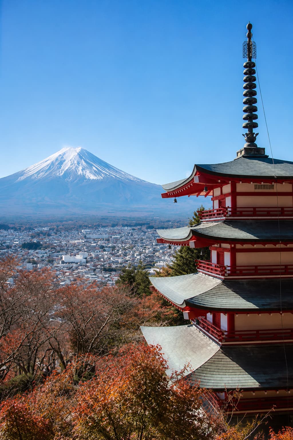 japan solo travel - Chureito Pagoda with Mount Fuji in the background, framed by red autumn foliage — one of Japan's most iconic views