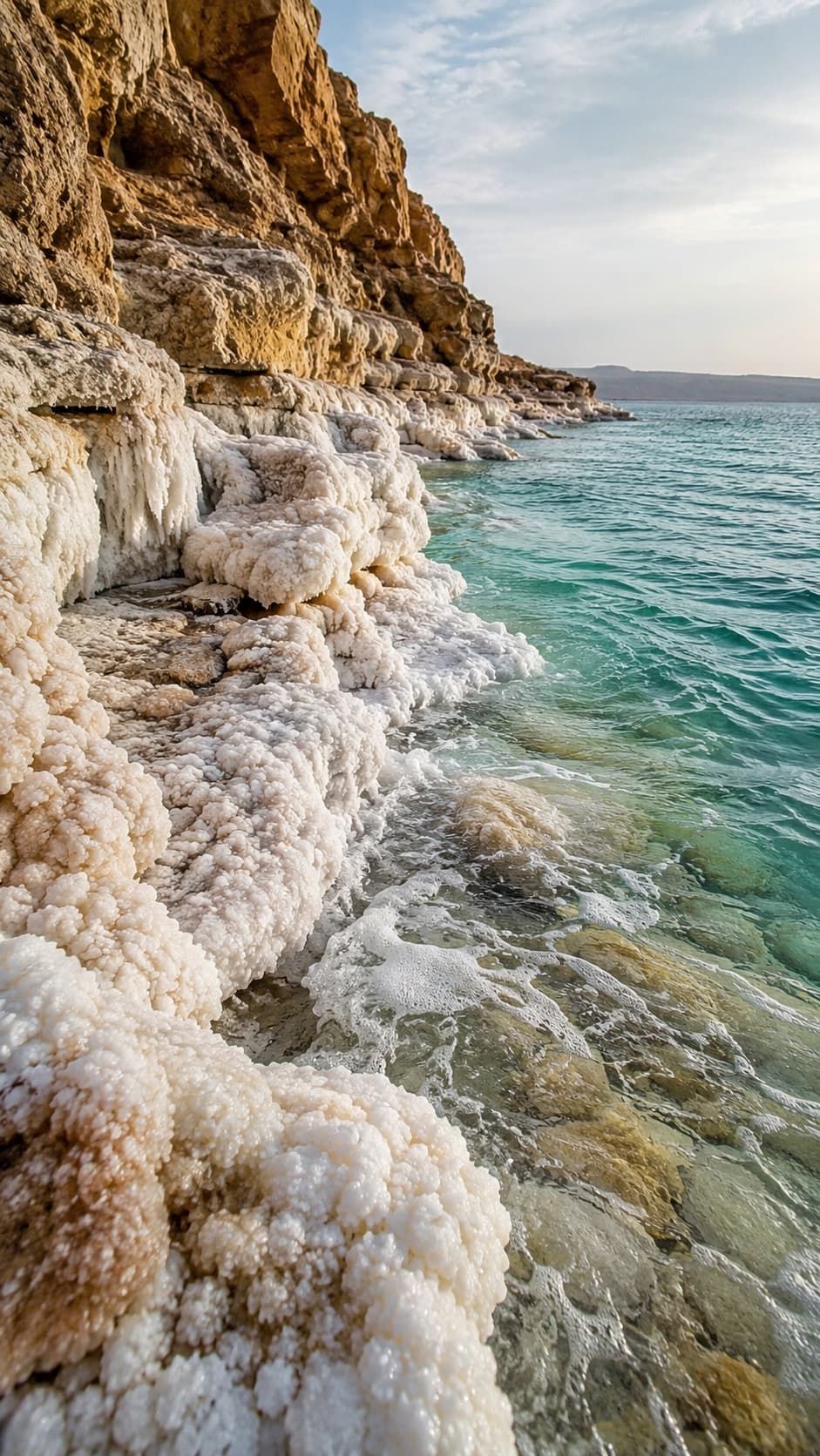 Salt crystal formations along the turquoise shoreline of the Dead Sea in Jordan