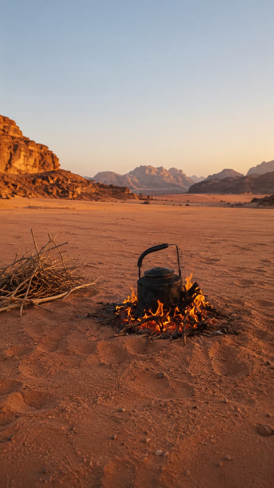 A Bedouin tea kettle over a small fire at sunset in Wadi Rum, a highlight of this Jordan 7 day itinerary