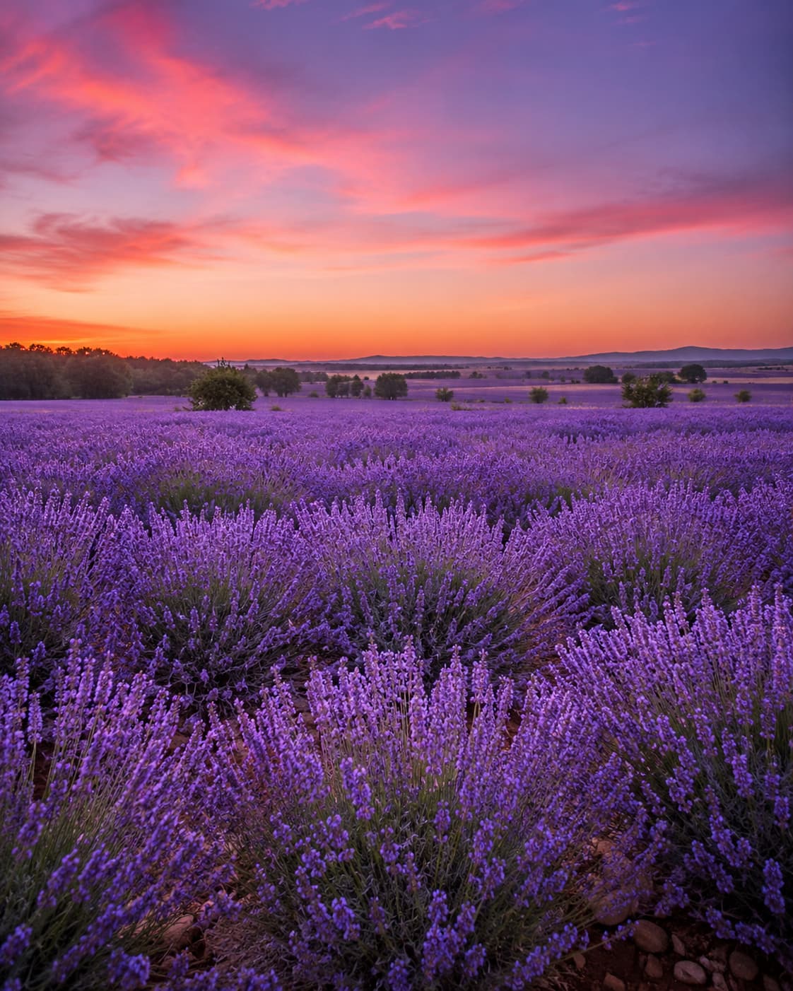 Lavender fields at sunset in Provence, France — purple rows stretching to the horizon under a dramatic orange and pink sky, one of the best places to go in July