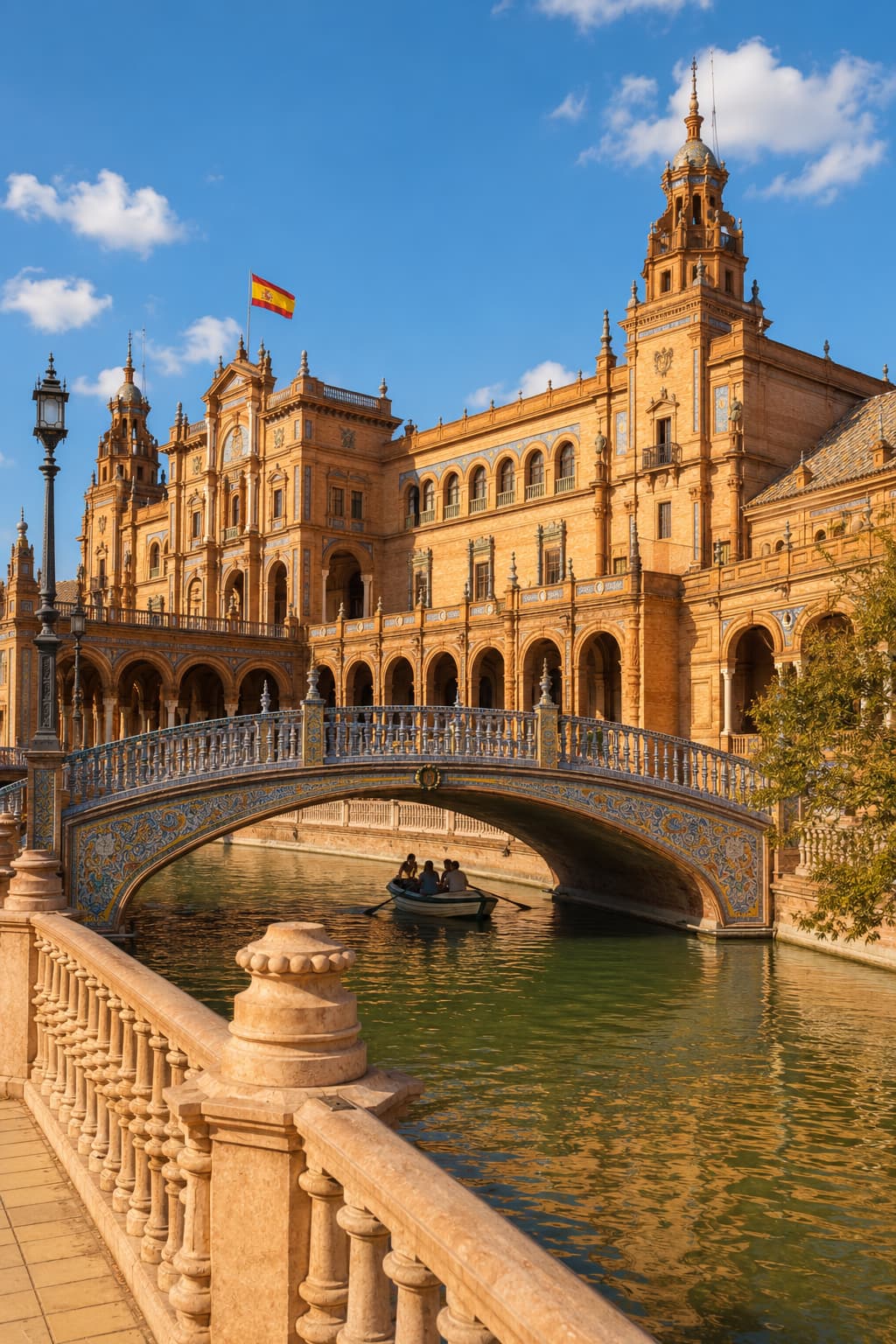 Plaza de España in Seville, Spain with a rowboat under an ornate bridge at golden hour — Seville is beautiful but better visited in spring or autumn rather than July's 40°C heat