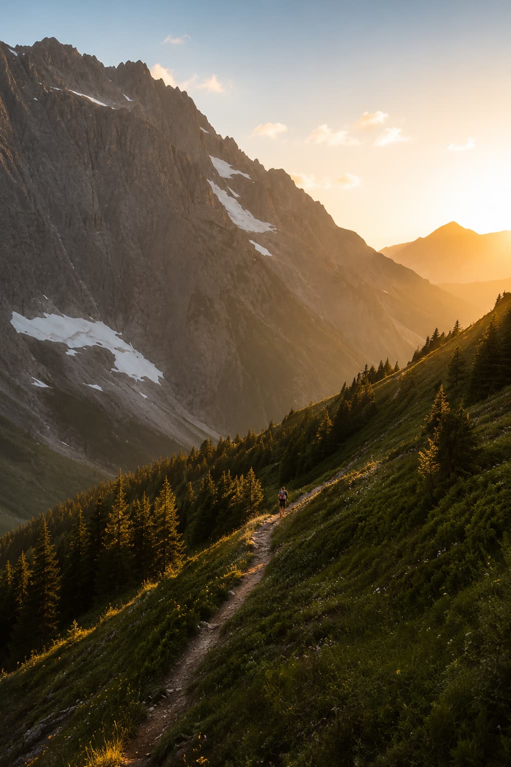 A hiker ascending a golden-lit alpine trail at sunset in the Alps in July, surrounded by green meadows and rocky snow-patched peaks above — July travel in Europe at its most rewarding