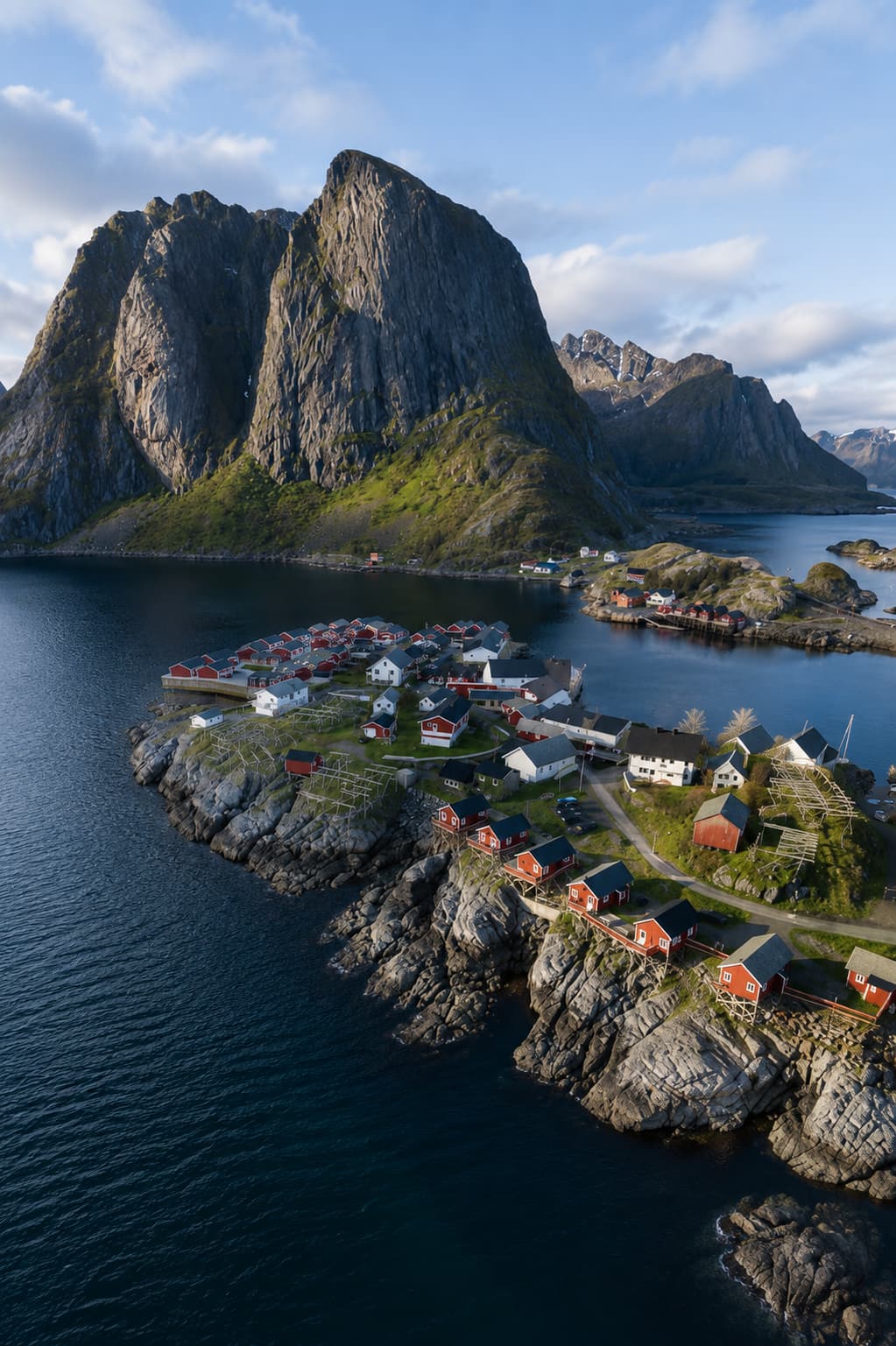 Aerial view of Hamnøy village in the Lofoten Islands Norway — red fishing huts on rocky islets with dramatic mountain peaks behind, photographed under July midnight sun light