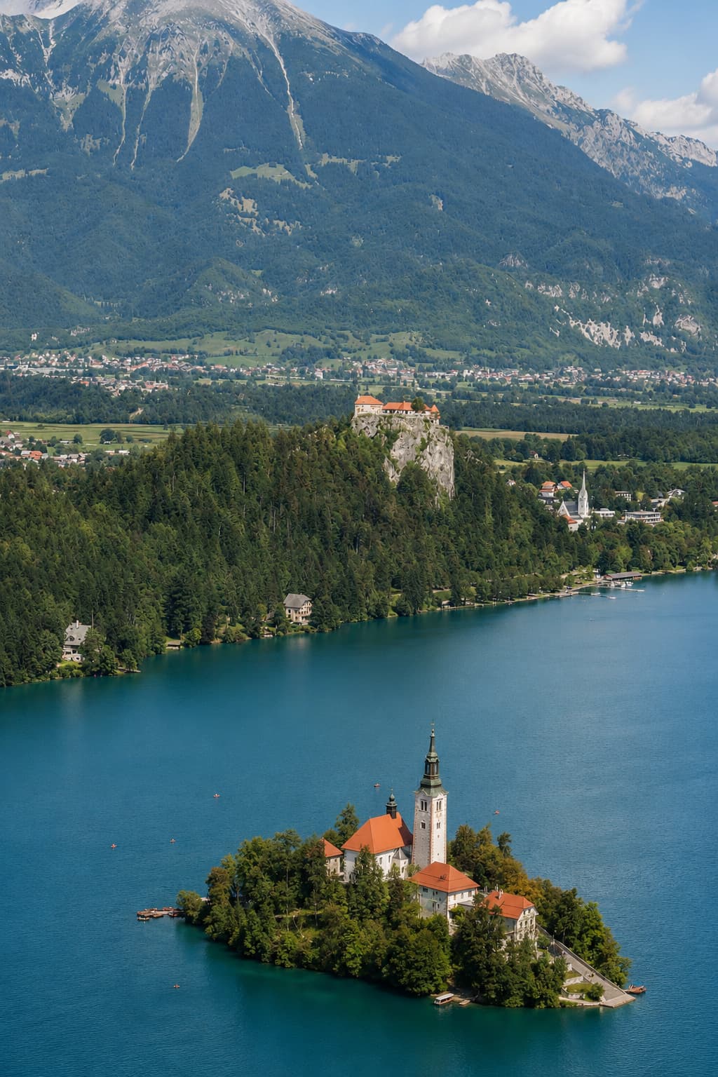 Aerial view from Mala Osojnica of Lake Bled island with the Church of the Assumption, Bled Castle on the clifftop behind, and Julian Alps rising above — the classic viewpoint shot on a Lake Bled autumn itinerary