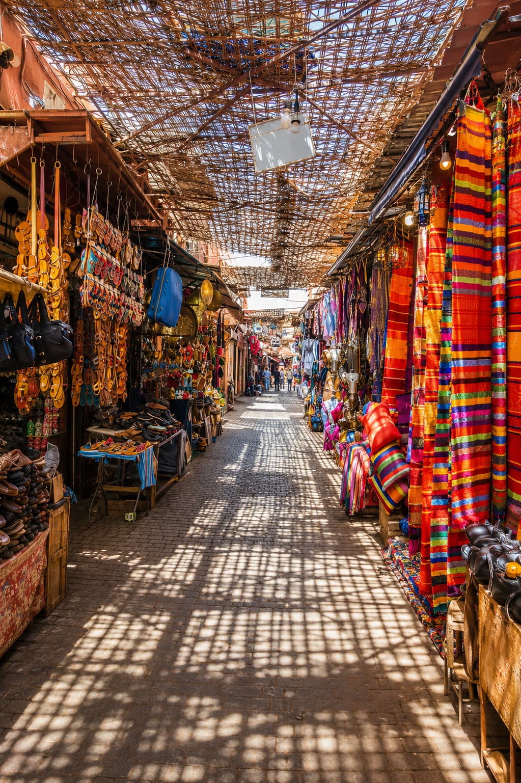 Marrakech vs Fes — a covered souk alley in Marrakech lined with leather goods and colourful textiles, dappled sunlight filtering through the reed canopy overhead