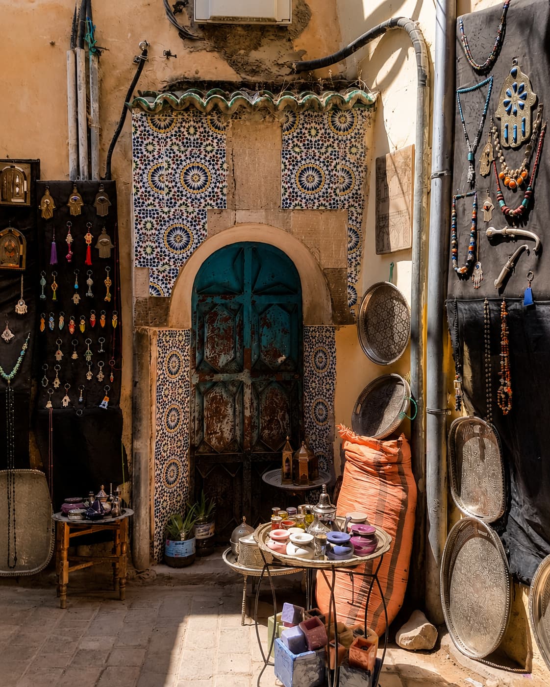 A quiet corner in the Fes medina — zellige-tiled archway with a weathered turquoise door, Hamsa keychains and silver trays displayed on either side