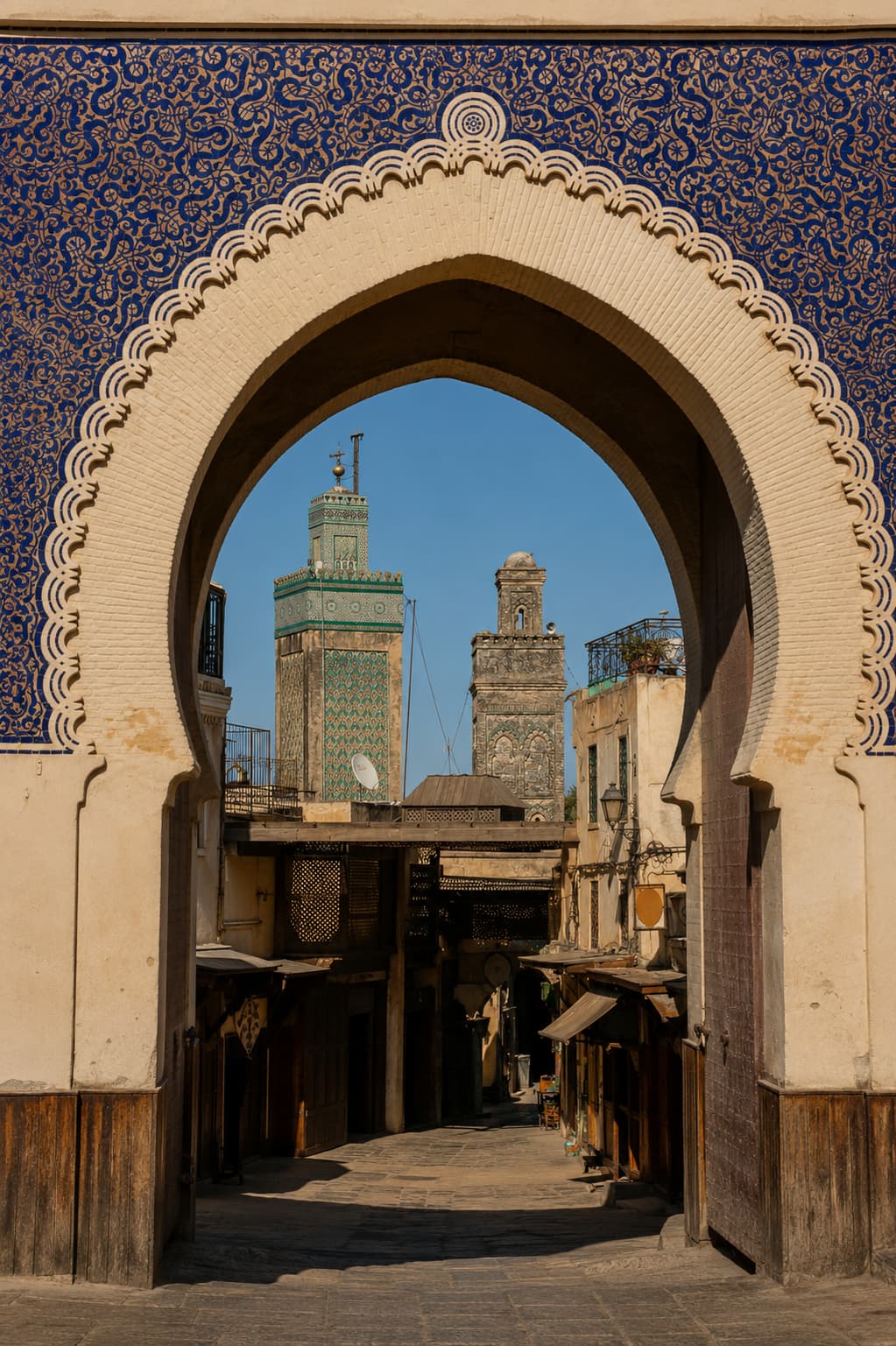 Bab Bou Jeloud — the iconic blue-tiled horseshoe gate at the entrance to the Fes medina, with minarets visible through the arch against a clear sky